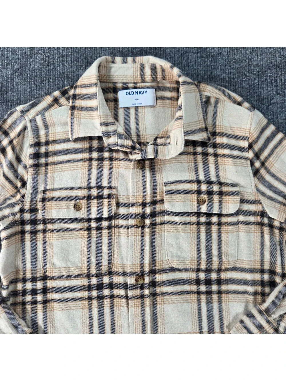 Old Navy Boy's Beige,Tan,Grey Plaid Cotton ButtonUp Long Sleeve Shirt M(8)